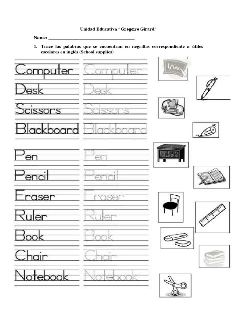 School Supplies Worksheet 1st Grade 12 Sept 22 PDF