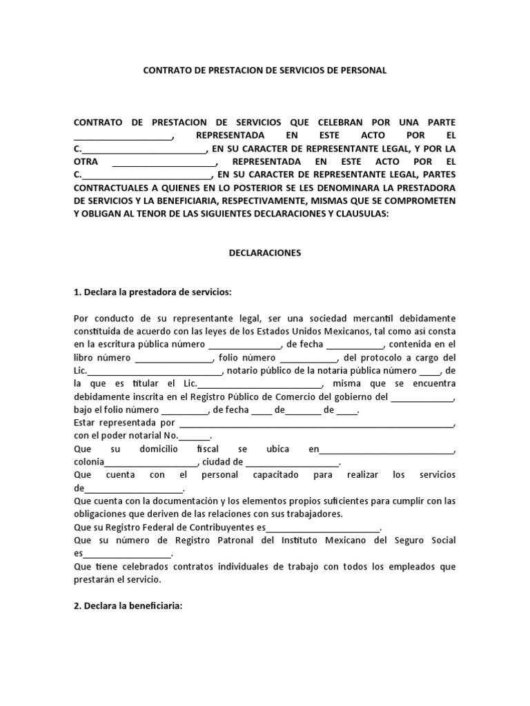 Contrato De Prestacion De Servicios De Personal 1 Pdf 