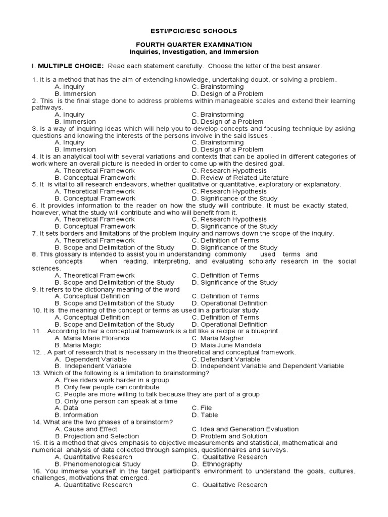 Inquiry and Immersion Exam Guide | PDF | Sampling (Statistics ...