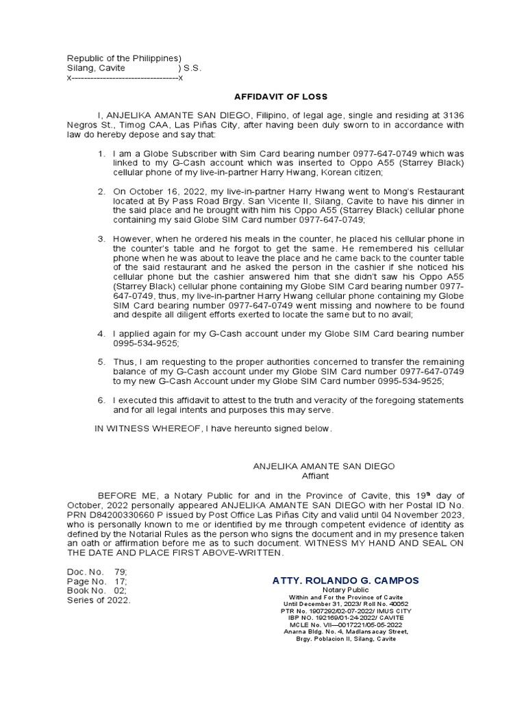 Aff Loss of Sim Card PDF Affidavit Notary Public