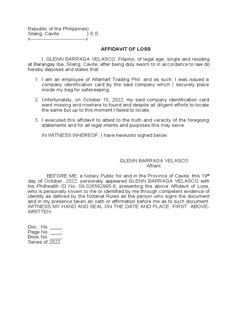 Aff Loss of Company Id PDF Affidavit Notary Public