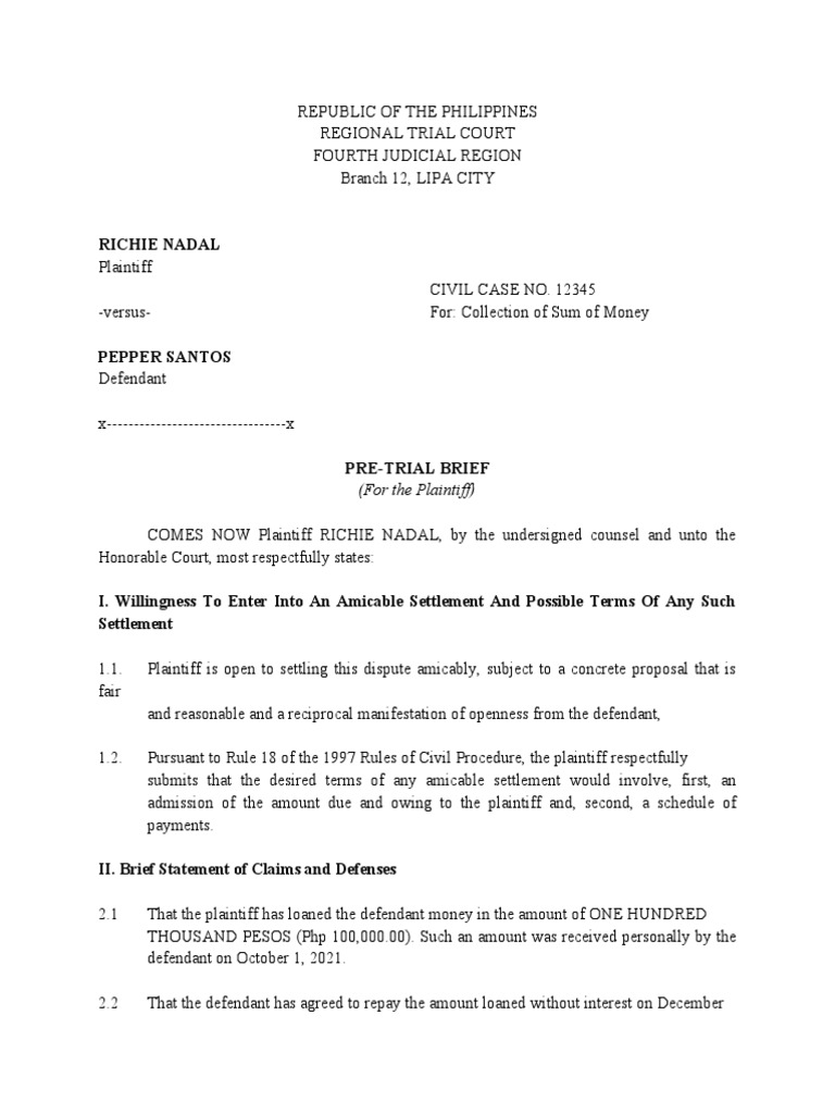 PreTrial Brief Collection of Money PDF Discovery (Law