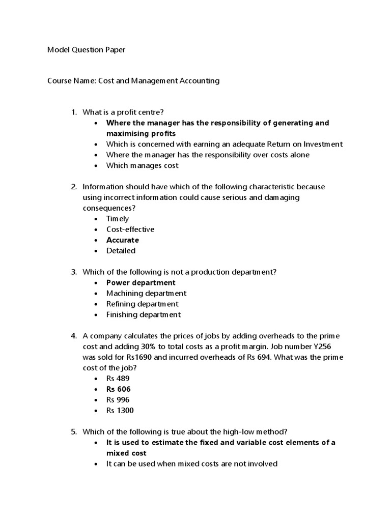 Model Question Paper Cost and Management Accounting | PDF | Inventory ...