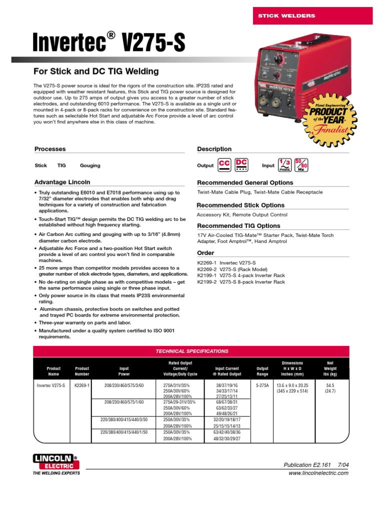 Invertec V275-S: For Stick and DC TIG Welding | PDF | Electrical ...