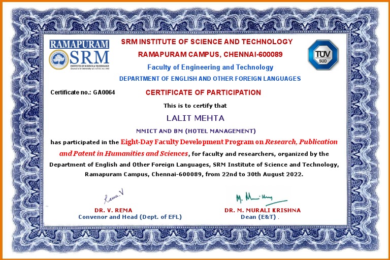 certificate-of-participation-lalit-mehta-eight-day-fdp-srmist-ramapuram