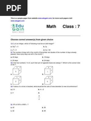 class 7 sample math olympiad paper pdf pi area