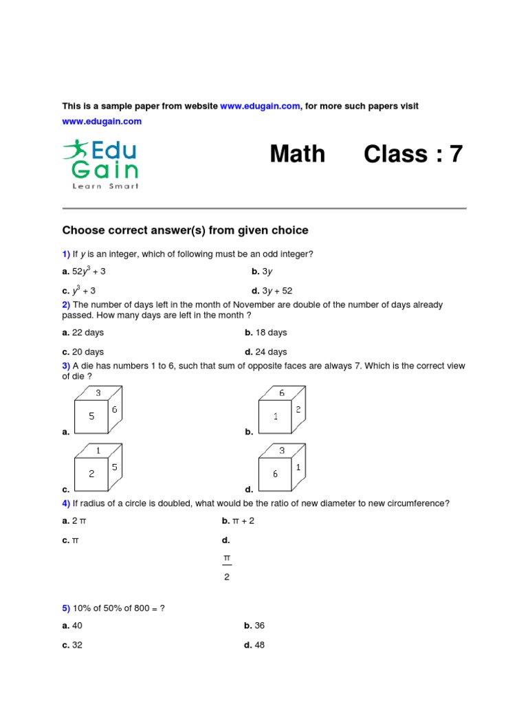 Class 7 Sample Math Olympiad Paper | Pdf | Pi | Area
