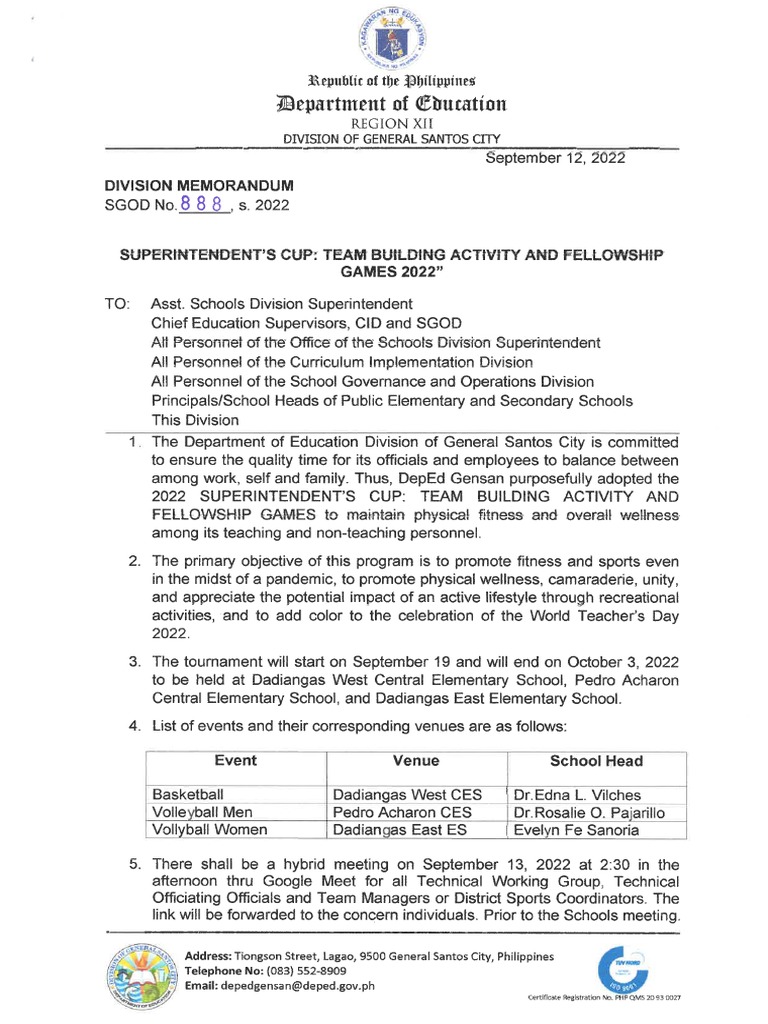 Division Memo 888, S. 2022 - Superintendent's Cup Team Building ...