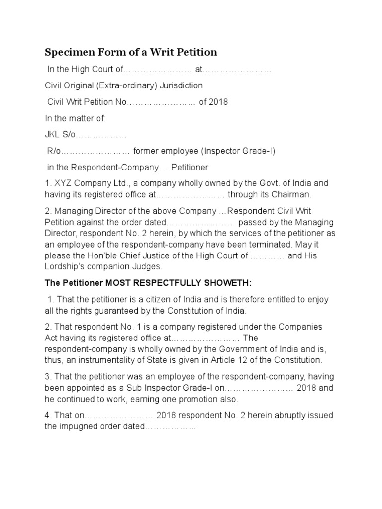 Specimen Form of A Writ Petition PDF Writ Mandamus