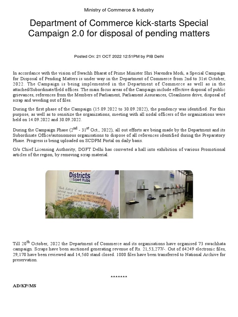 Department of Commerce Kick-Starts Special Campaign 2.0 For Disposal of ...