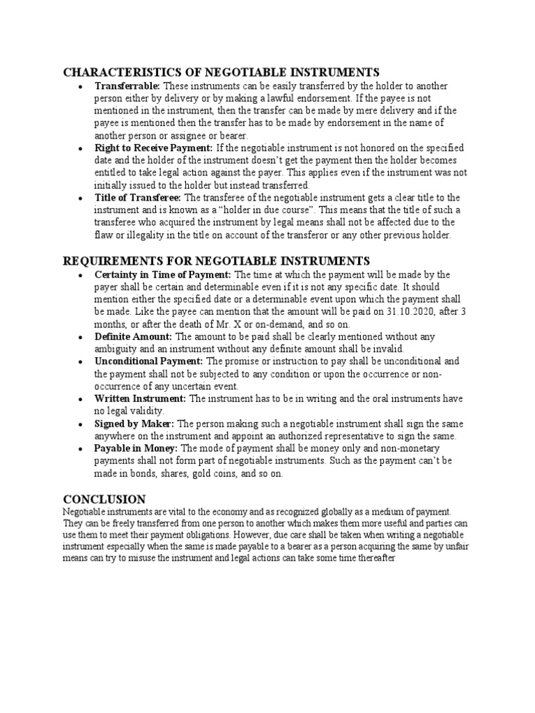 Characteristics of Negotiable Instruments | PDF | Negotiable Instrument ...