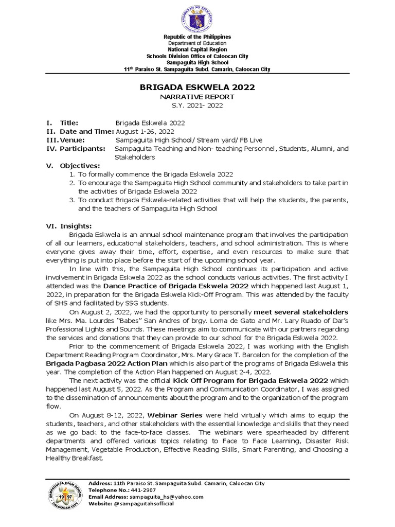 Brigada Eskwela Narrative Report Sample