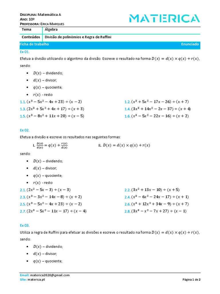 Ficha 1 Divisão Polinómios e Ruffini 10 | PDF | Matemáticas | Álgebra ...