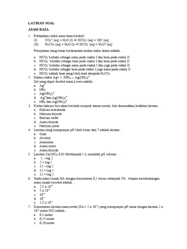 Soal Latihan Asam Basa Kelas 11 | PDF
