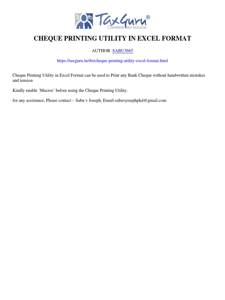 Cheque Printing Utility in Excel Format - Taxguru - in | PDF | Computers