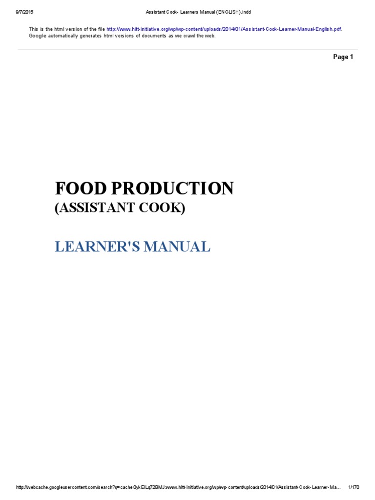 Assistant Cook Learner's Manual | PDF | Chef | Foods