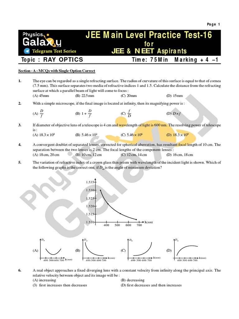 JEE Main Ray Optics Practice Questions | PDF | Glass Engineering And ...