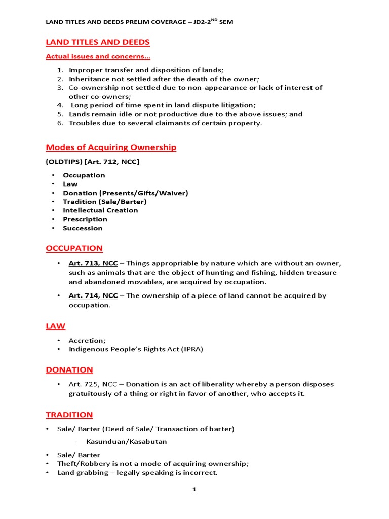 An overview of land titles deeds and methods of acquiring ownership