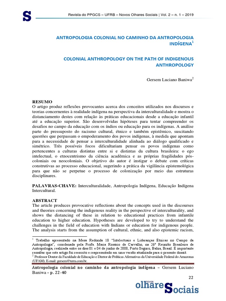 Gersem Baniwa Antropologia Colonial No Caminho Da Antropologia Indgena ...