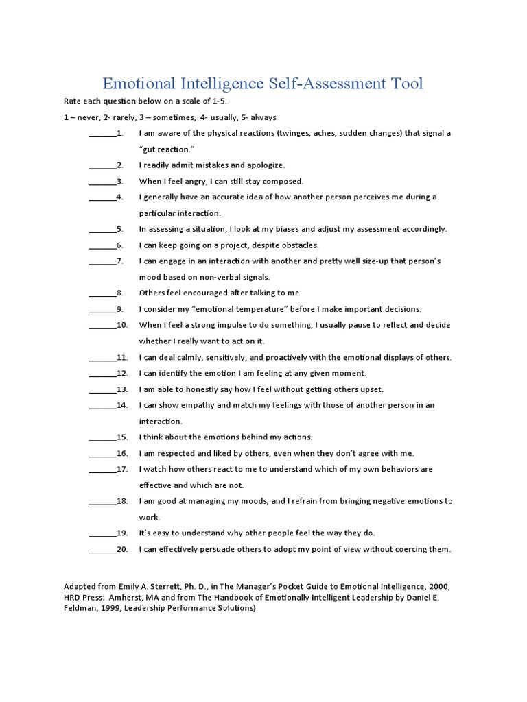 Emotional Intelligence Self-assessment prework | PDF | Emotions ...