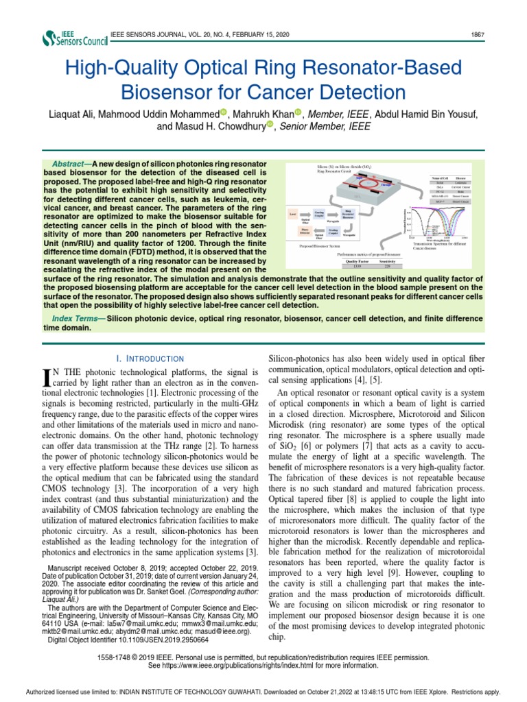 HighQuality Optical Ring ResonatorBased Biosensor For Cancer