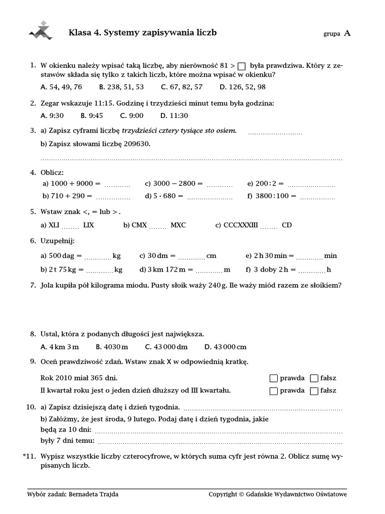 Sprawdzian Z Matematyki Klasa 4 Systemy Zapisywania Liczb
