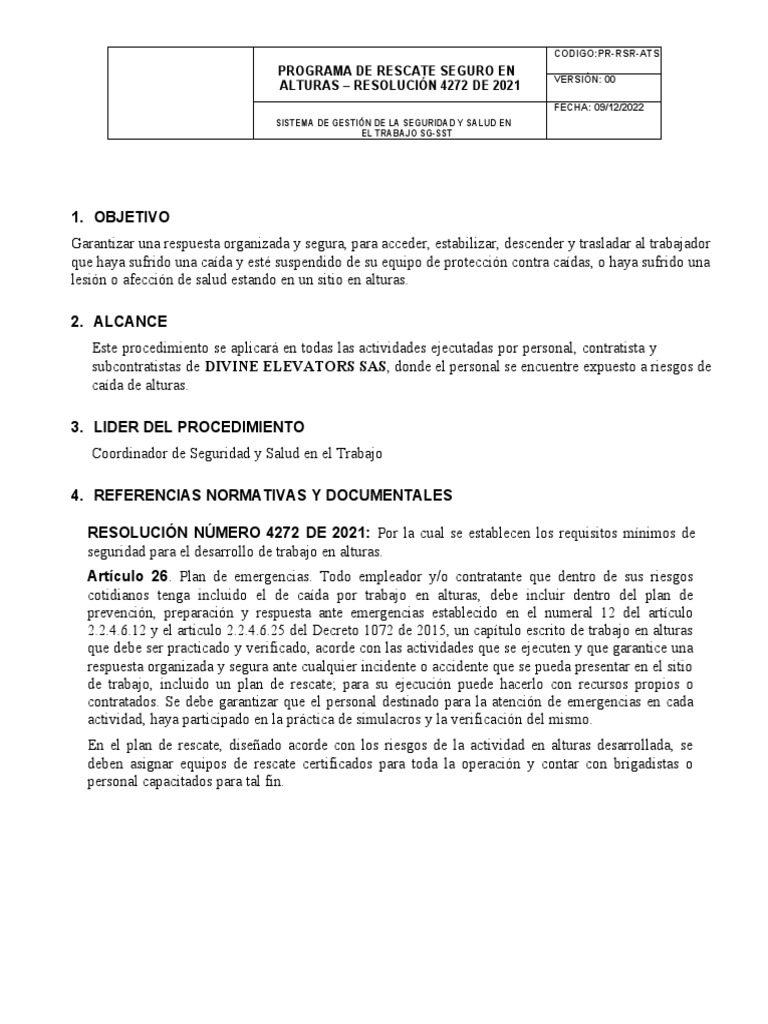 Procedimiento De Trabajo Seguro En Alturas Resolucion 4272