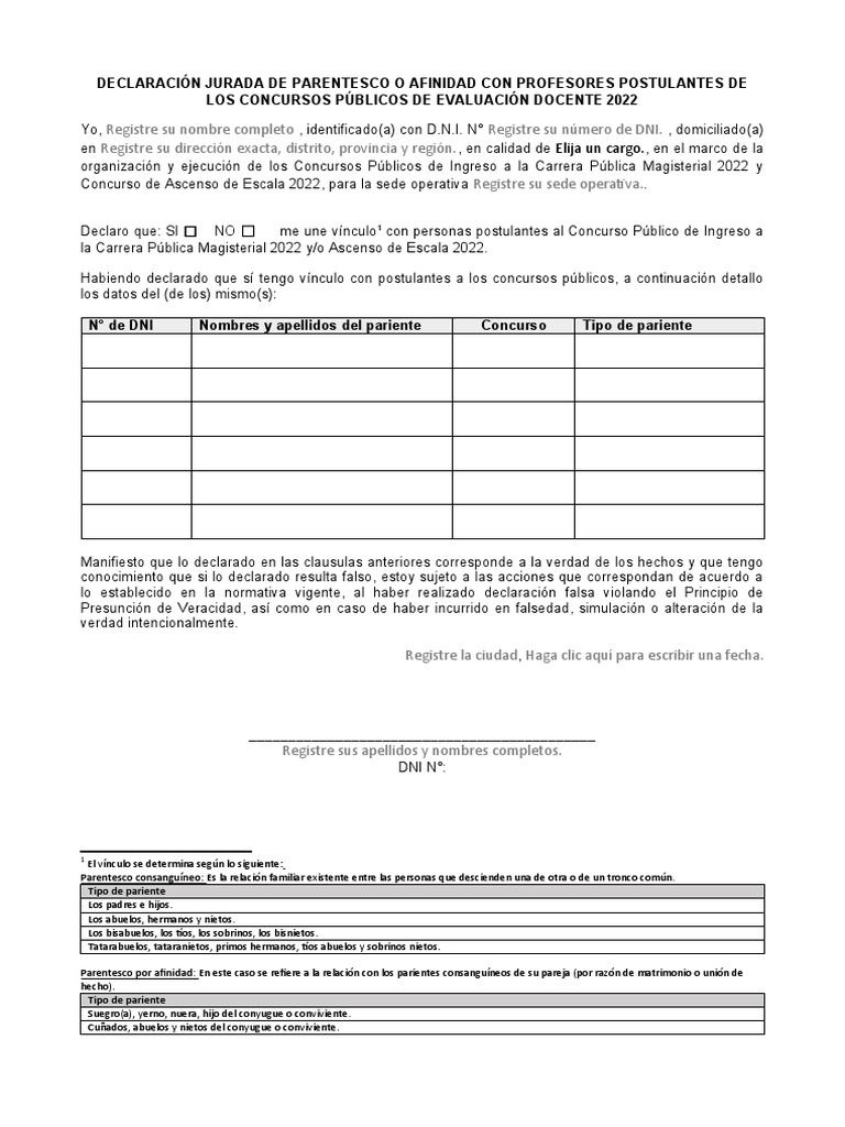 Declaración Jurada de Parentesco Docente | PDF | Derecho