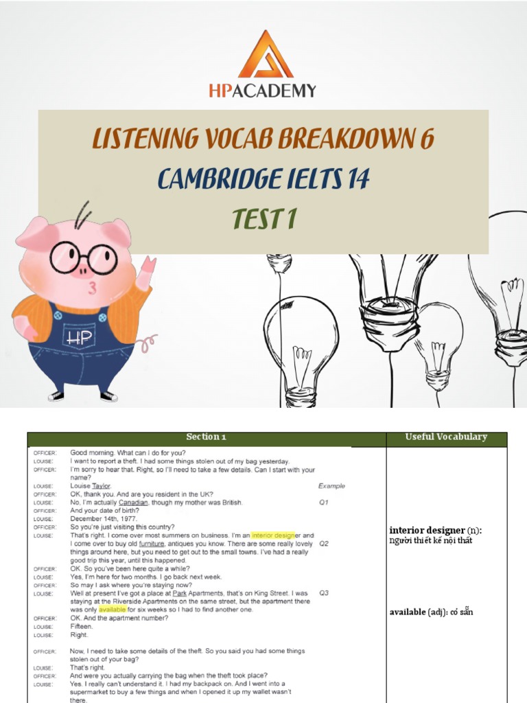 Cambridge IELTS 14 - Listening Vocabulary Breakdown Test 1 | PDF