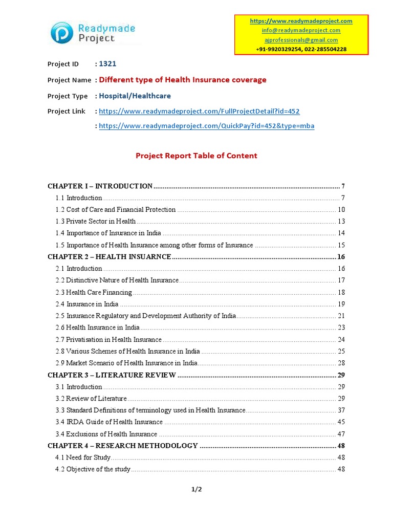 MBA Project TOC | PDF | Insurance | Health Sciences