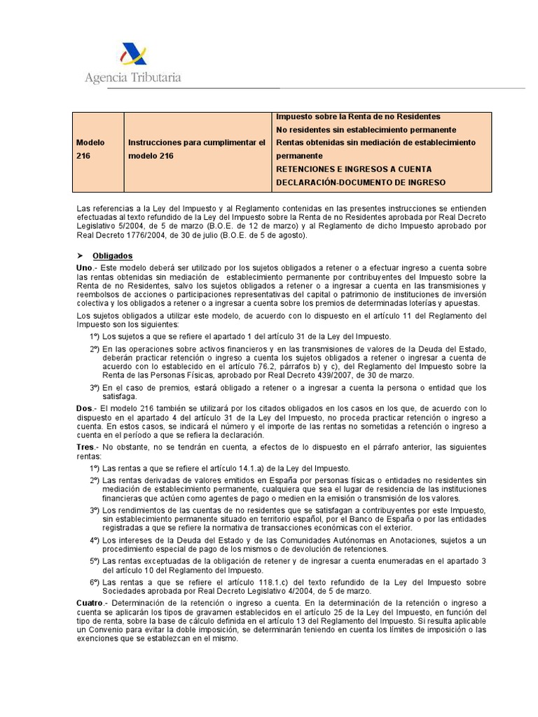 Instrucciones Modelo 216 para No Residentes | PDF | Impuestos ...