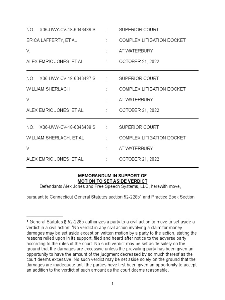 Memorandum in Support of Motion To Set Aside Verdict PDF Discovery