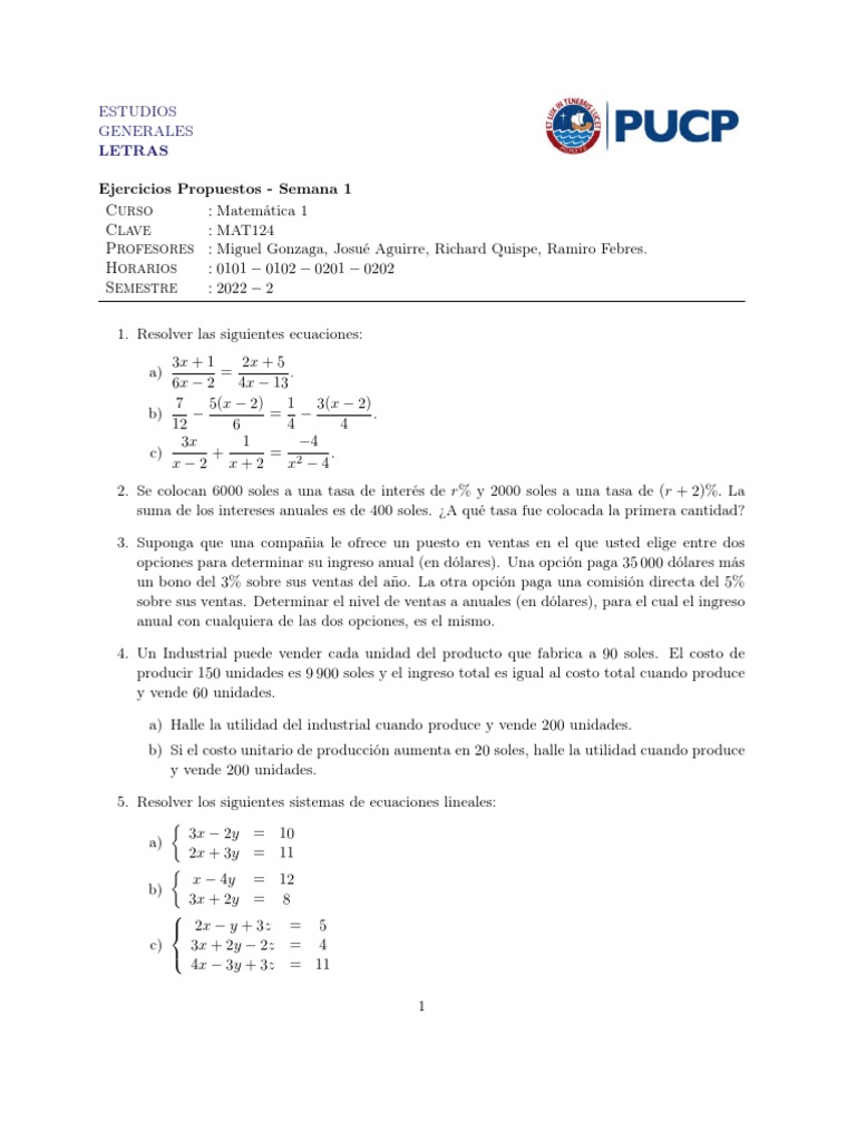 Lista 1 Ejercicios Mate1 | PDF | Métodos y materiales de enseñanza