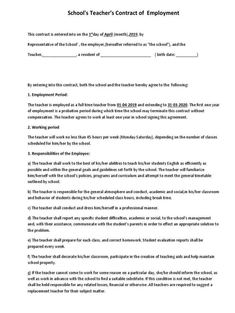 Teacher Employment Contract Template | PDF | Teachers | Employment