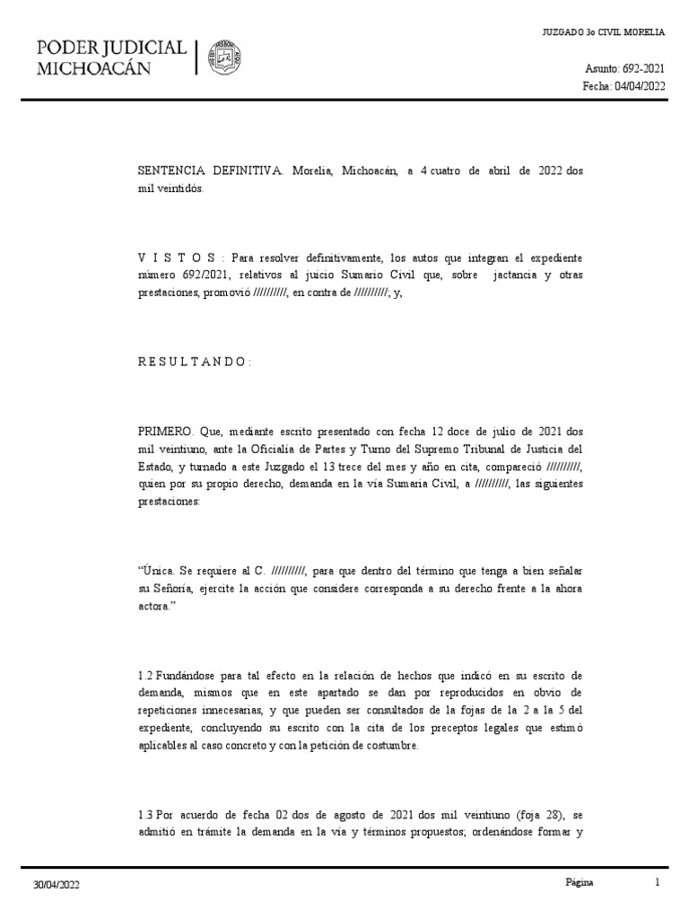 Sentencia Definitiva en Juicio Civil | PDF | Sentencia (ley) | Caso de ley