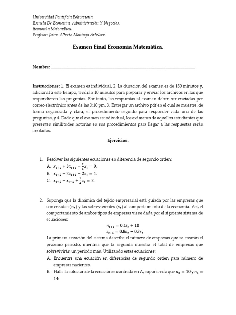 Examen Final de Economía Matemática | PDF | Ecuaciones | Oveja