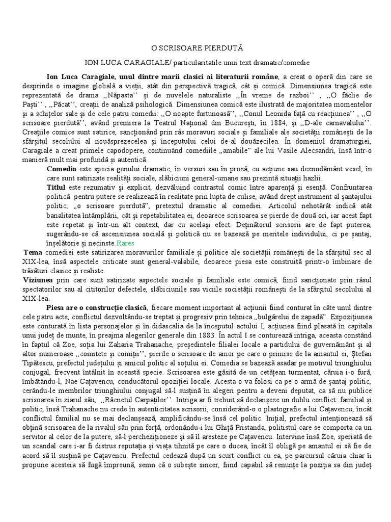 O Scrisoare Pierduta Modul Din Care Se Reflecta O Tema O Scrisoare Pierduta Tema Si Viziunea | PDF