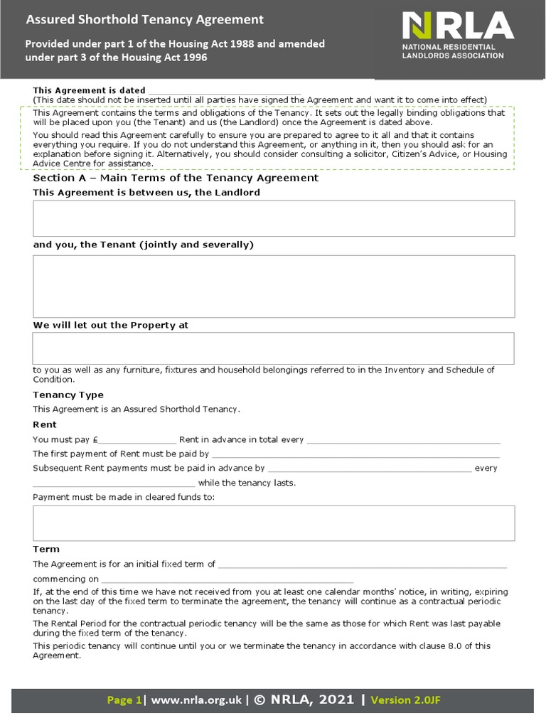 NRLA Assured Shorthold Tenancy Agreement | PDF | Leasehold Estate | Lease