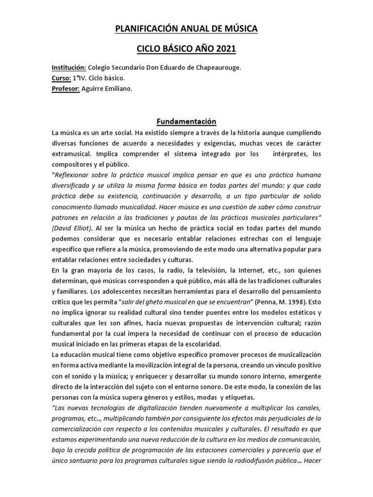 Planificación Anual de Música 2021 | PDF | Ritmo | Conocimiento