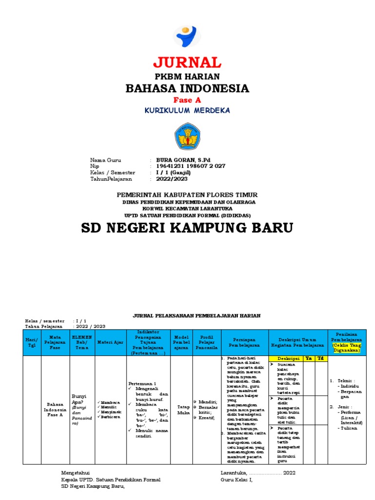 JURNAL HARIAN KURIKULUM MERDEKA MAPEL PPKN KELAS 1 | PDF