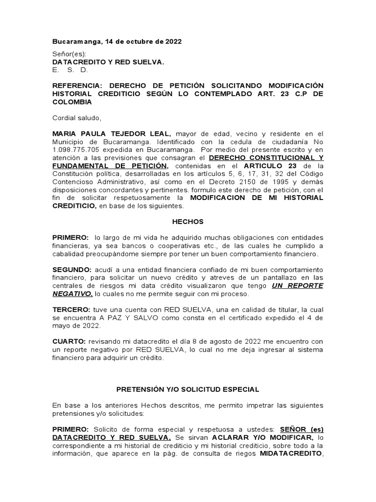 Derecho de Peticion Maria Paula Tejedor Leal Red Suelva | PDF