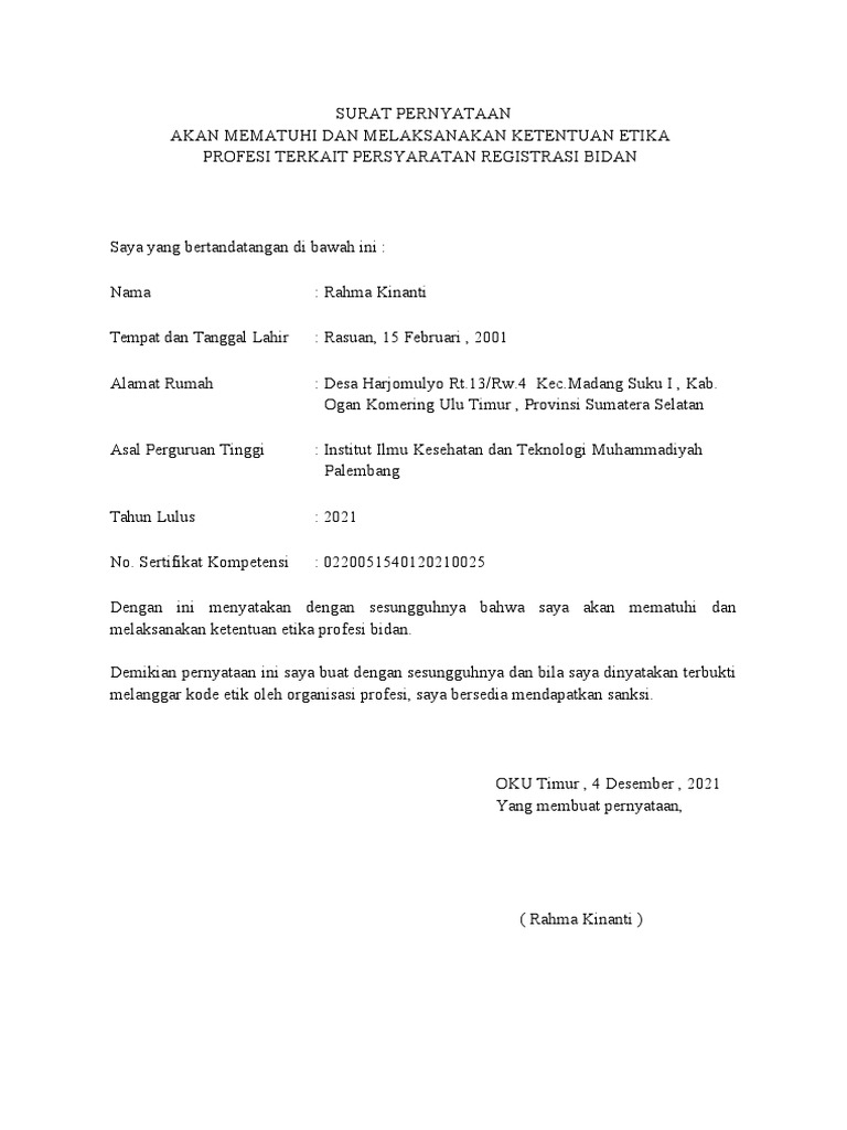 Surat Pernyataan Patuh Etika Profesi Bidan | PDF