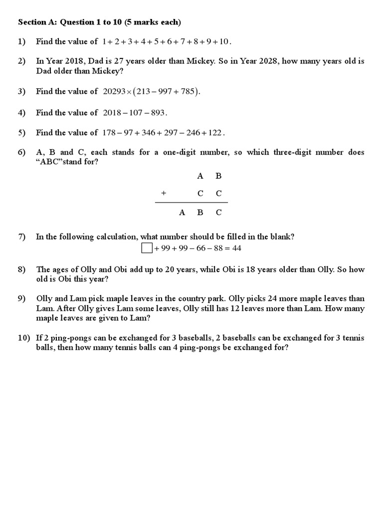 Mathematics Problem Solving Questions Covering a Wide Range of Topics