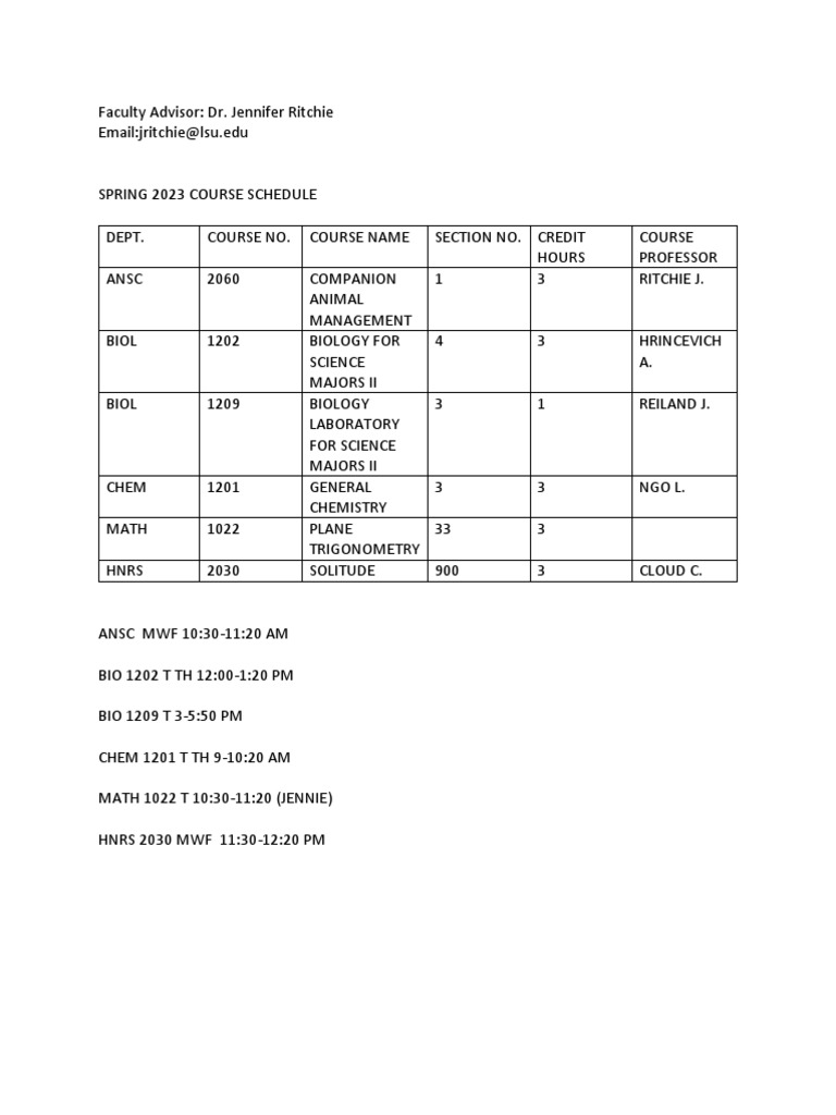 Spring 2023 Course Schedule LSU | PDF