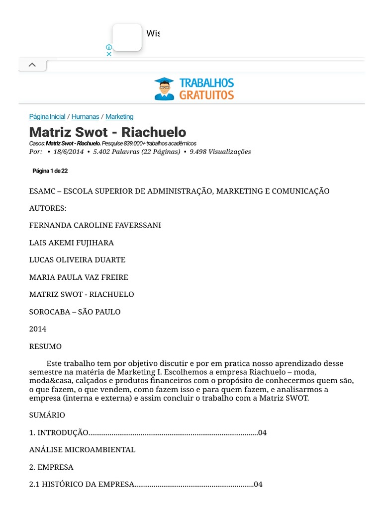 Matriz Swot - Riachuelo - Casos | PDF | E-commerce | Análise SWOT