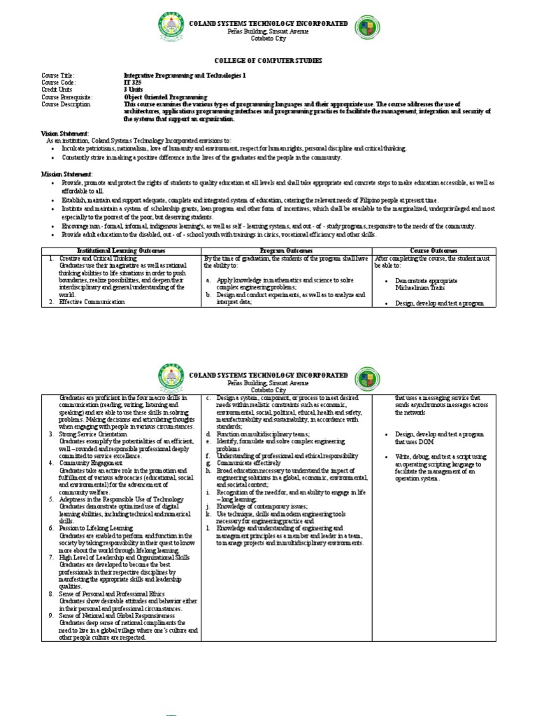 Integrative programming and technologies 1obe syllabus download free