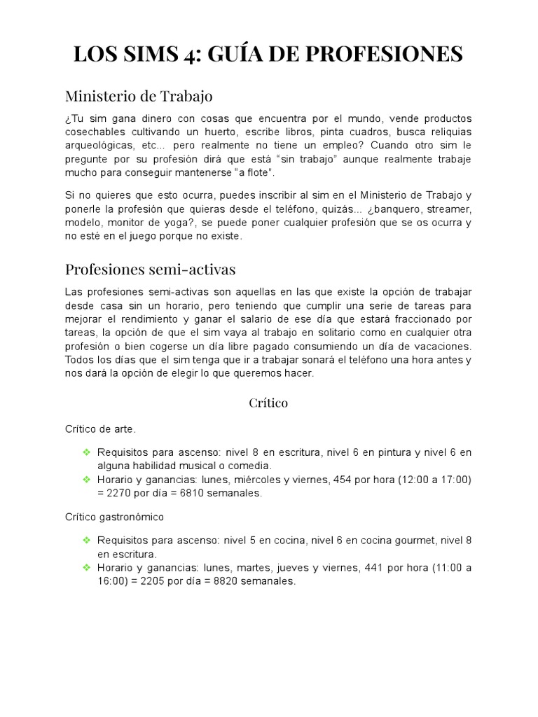 Guía de Profesiones en Los Sims 4 | PDF