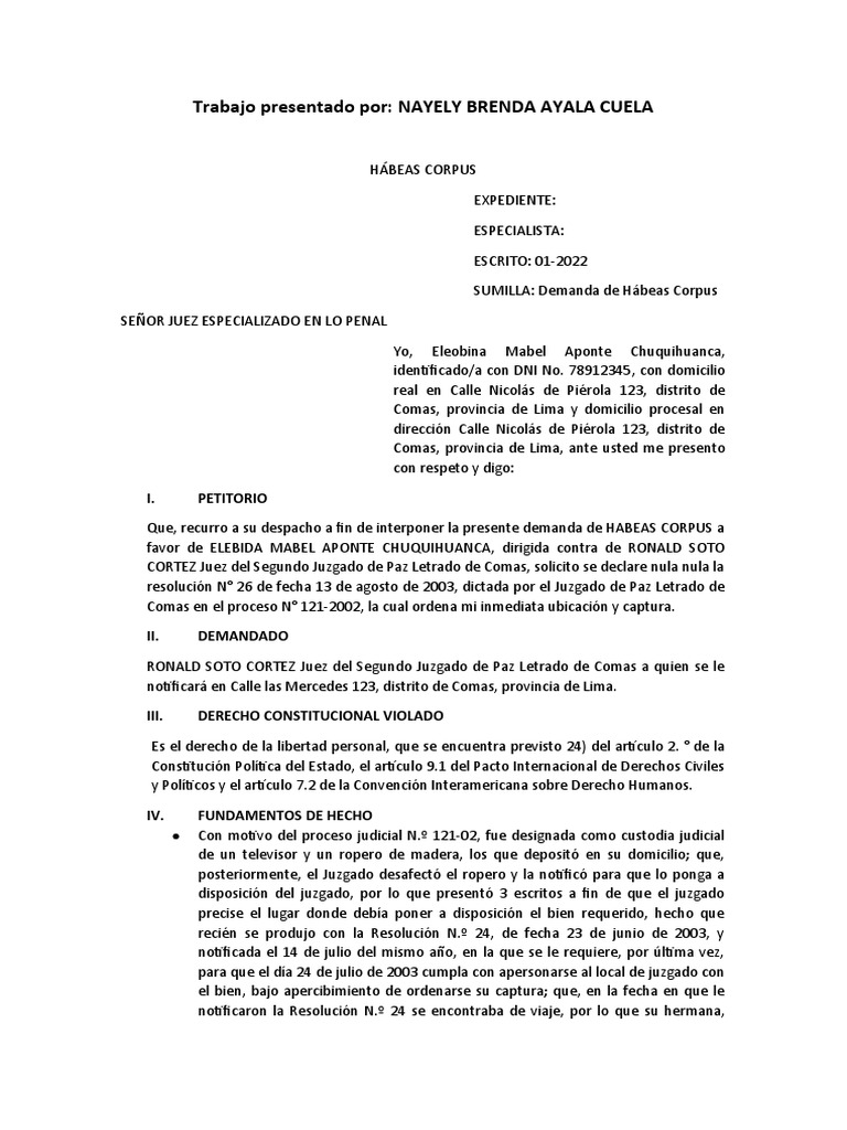 Demanda de Hábeas Corpus | PDF | Derecho Constitucional | Habeas corpus