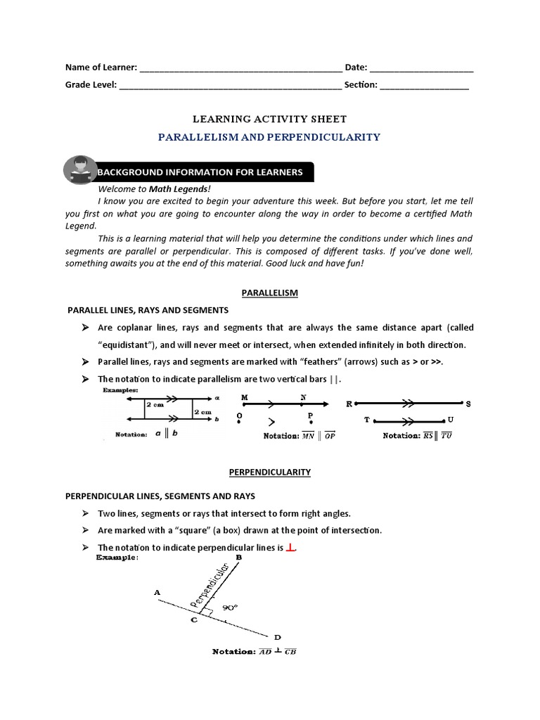 Determining Parallelism and Perpendicularity A Learning Activity Sheet
