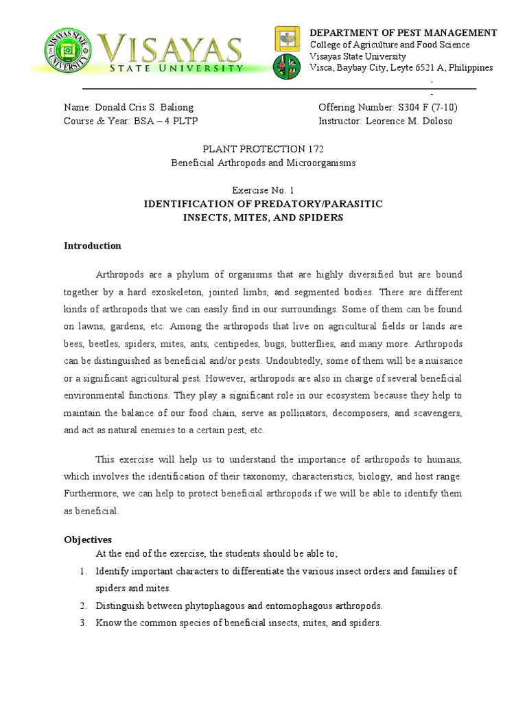 PPRT 172 Beneficial Arthropods and Exercise No. 1 PDF Insects Pest